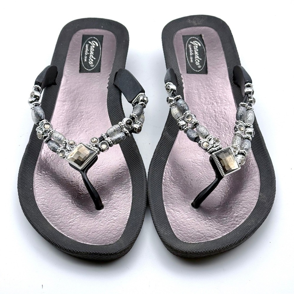 Grandco Womens Beaded Wedge Flip Flop Sandals Black Purple Gemstone Size 9